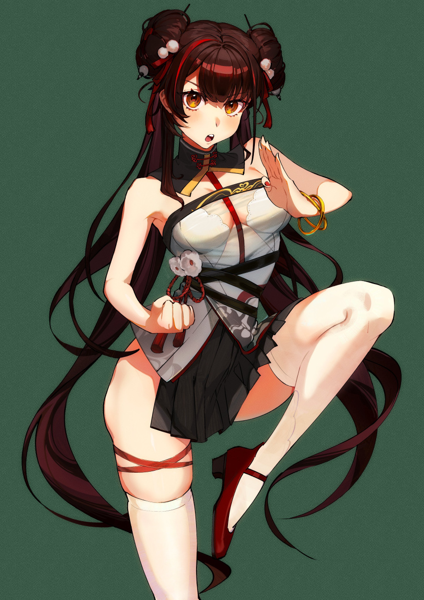 1girl absurdres alternate_costume bracelet breasts brown_hair chinese_clothes double_bun girls'_frontline girls'_frontline_neural_cloud green_background gwendolynstore hair_bun hair_ribbon highres jewelry jiangyu_(neural_cloud) kung_fu leg_ribbon leg_up long_hair medium_breasts multicolored_hair open_mouth orange_eyes red_footwear red_hair ribbon shoes standing standing_on_one_leg streaked_hair teeth thigh_ribbon thighhighs twintails type_97_(girls'_frontline) upper_teeth_only