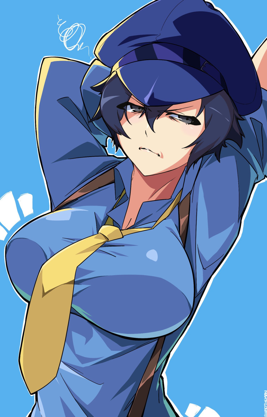 1girl arms_up blue_background blue_hair blue_headwear blue_shirt breasts cabbie_hat hair_between_eyes hat hatotheman highres large_breasts looking_to_the_side necktie persona persona_4 persona_4:_dancing_all_night shirogane_naoto shirt short_hair solo suspenders upper_body yellow_necktie