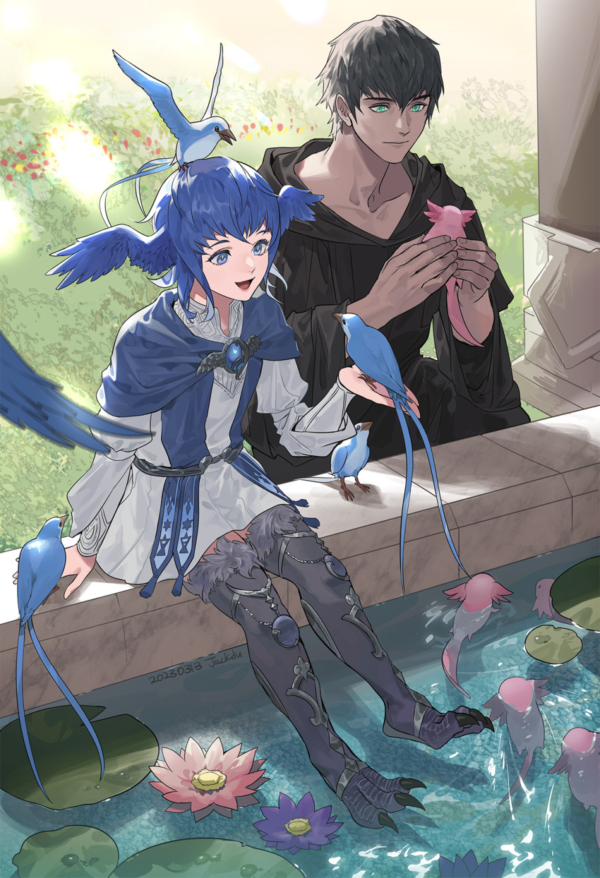 1boy 1girl :d animal animal_on_head axolotl bird bird_legs bird_on_hand bird_on_head bird_wings black_capelet black_hair black_robe blue_capelet blue_eyes blue_hair brooch byuub capelet collarbone collared_dress commentary dated day dress english_commentary feathered_wings final_fantasy final_fantasy_xiv flower from_above full_body green_eyes hand_up hands_up head_wings hermes_(ff14) highres holding holding_animal hood hood_down hooded_capelet jewelry juliet_sleeves lily_pad long_sleeves looking_at_animal meteion monster_girl on_head open_mouth outdoors puffy_sleeves robe short_hair signature sitting smile soaking_feet talons water white_dress wide_sleeves wings