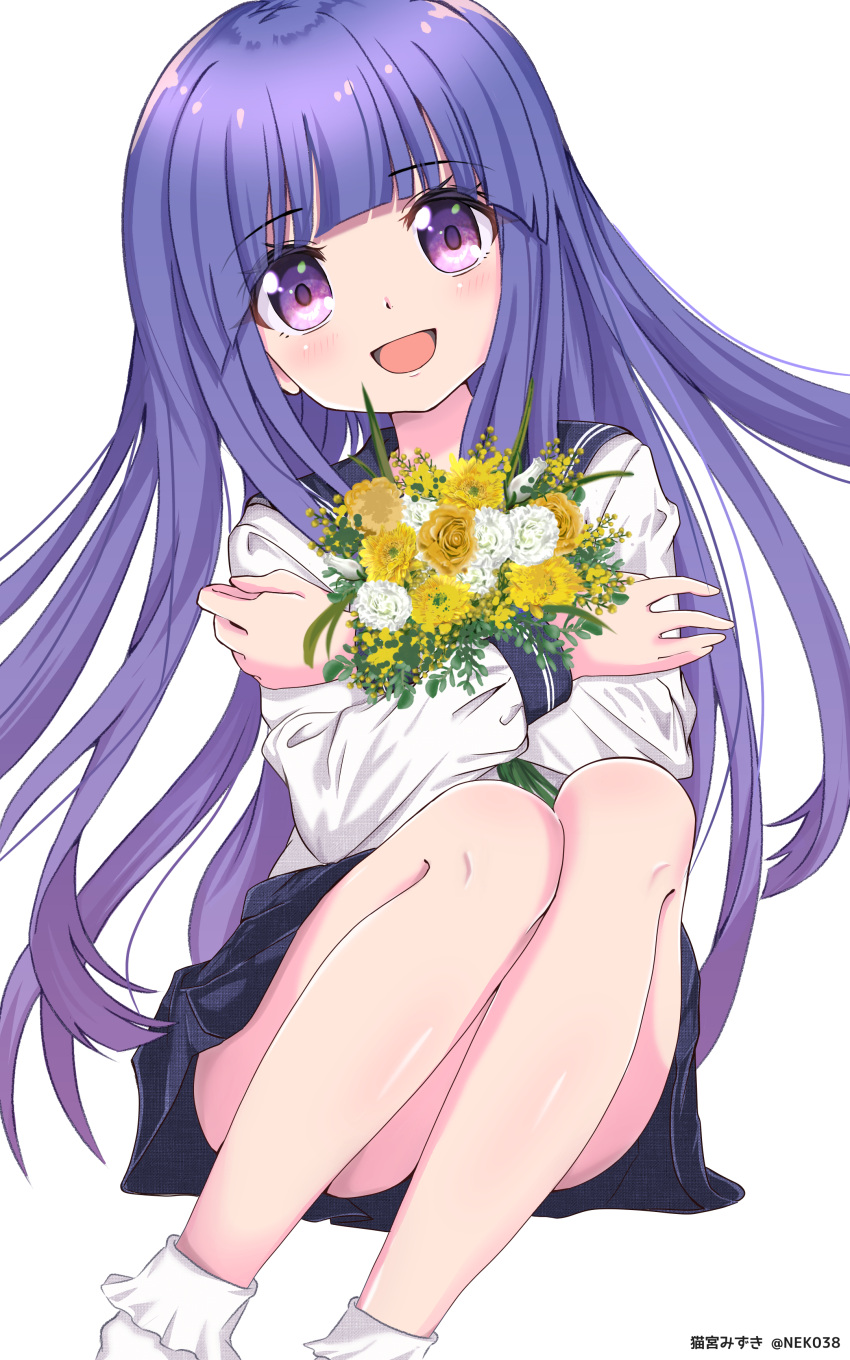 1girl :d absurdres artist_name blunt_bangs blush bouquet commentary_request convenient_leg crossed_arms eyelashes eyes_visible_through_hair feet_out_of_frame floating_hair flower furude_rika happy highres higurashi_no_naku_koro_ni holding holding_bouquet knees_up legs_together long_hair long_sleeves miniskirt mizuno374 open_mouth purple_eyes purple_hair rose shirt simple_background sitting skirt smile solo straight_hair tareme very_long_hair white_background white_flower white_rose white_shirt yellow_flower yellow_rose