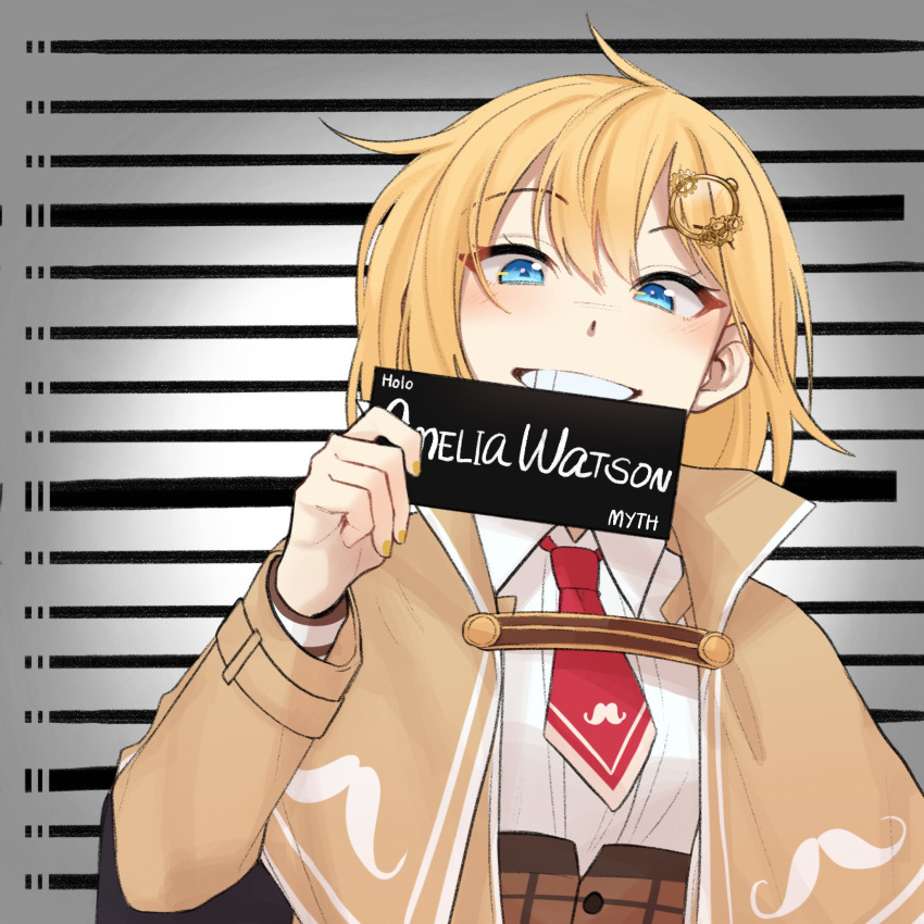 1girl barbie_mugshot_(meme) blonde_hair blue_eyes blush bob_cut brown_capelet capelet character_name collared_shirt detective gear_hair_ornament grin hair_ornament height_chart height_mark highres holding holding_sign hololive hololive_english long_sleeves looking_at_viewer meme mittsu monocle_hair_ornament mugshot necktie prison prisoner red_necktie shirt short_hair short_necktie sign smile upper_body virtual_youtuber watson_amelia white_shirt yellow_nails