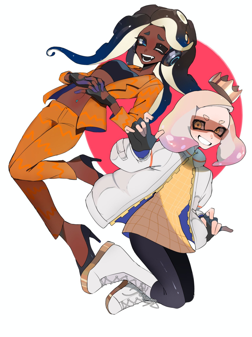 2girls black_gloves black_hair black_leggings blue_eyes blue_hair boots cephalopod_eyes commentary cross-laced_footwear crown dark-skinned_female dark_skin fingerless_gloves full_body gloves gradient_hair headphones highres jacket leggings long_hair marina_(splatoon) medium_hair multicolored_hair multiple_girls navel_piercing one_eye_closed open_mouth orange_pants pants pearl_(splatoon) piercing pink_hair shirt simple_background smile splatoon_(series) splatoon_3 star-shaped_pupils star_(symbol) sunglasses symbol-shaped_pupils teeth two-tone_hair white_background white_footwear white_hair white_jacket yellow_eyes yellow_shirt zer_skd