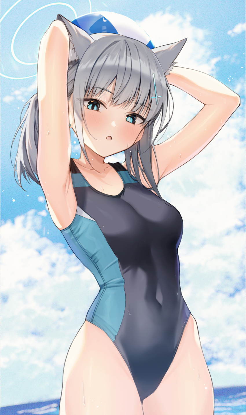 animal_ear_fluff animal_ears armpits arms_behind_head arms_up ball beachball blue_eyes blue_one-piece_swimsuit blue_sky breasts cloud cloudy_sky competition_swimsuit covered_navel cowboy_shot cross cross_hair_ornament day ear_piercing extra_ears grey_hair hair_ornament halo highleg highleg_swimsuit highres holding holding_ball holding_beachball inverted_cross looking_at_viewer medium_breasts medium_hair mismatched_pupils misononasubi multicolored_clothes multicolored_swimsuit ocean one-piece_swimsuit open_mouth outdoors piercing ponytail shiroko_(blue_archive) shiroko_(swimsuit)_(blue_archive) sky swimsuit two-tone_swimsuit water wolf_ears