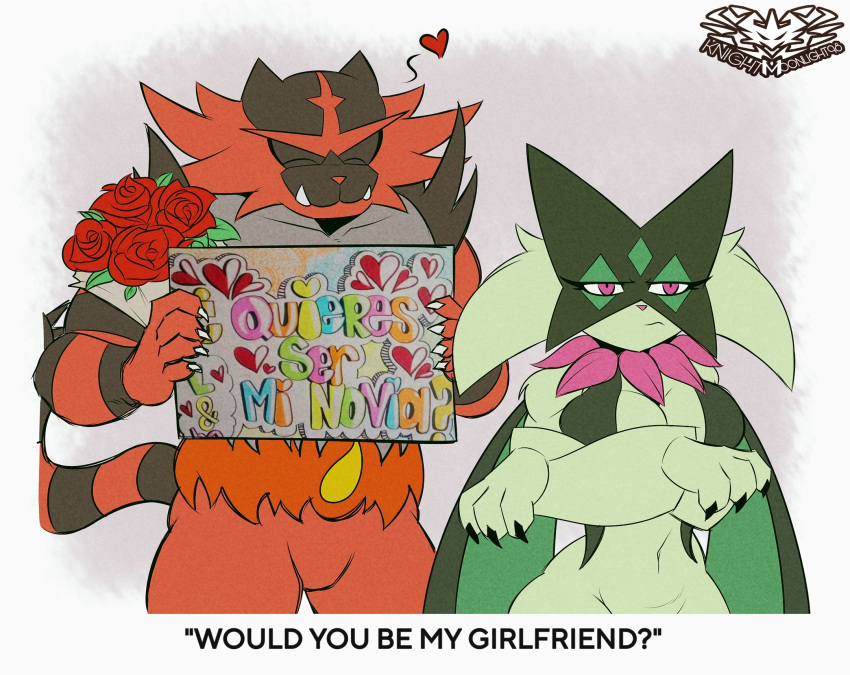 annoyed anthro bouquet breasts crossed_arms digital_media_(artwork) duo english_text felid feline female flower flower_bouquet fur generation_7_pokemon generation_9_pokemon green_body green_fur hi_res incineroar knightmoonlight98 male mammal mask meowscarada muscular muscular_male nintendo plant pokemon pokemon_(species) proposal red_body red_fur sign simple_background smile spanish_text teeth text