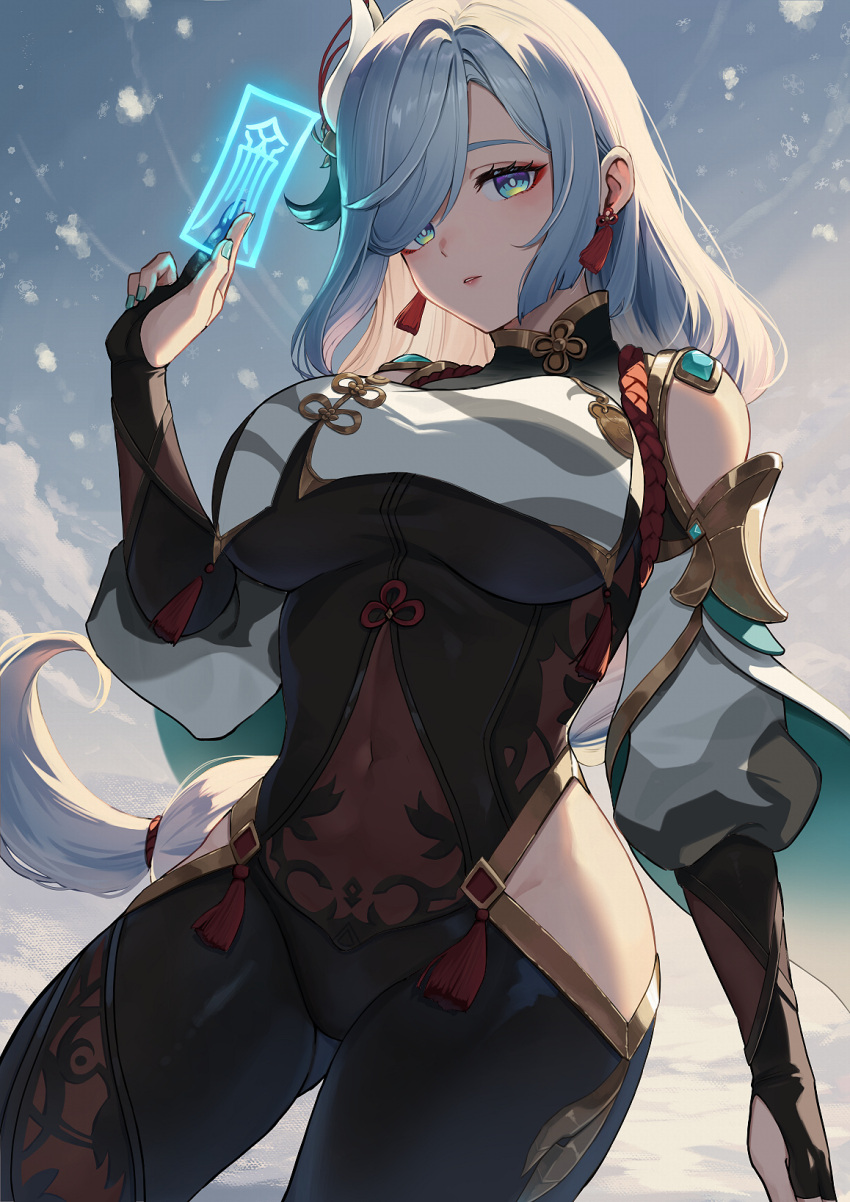 1girl aqua_nails black_bodysuit blue_eyes bodysuit breast_curtain breasts chinese_knot clothing_cutout covered_navel earrings elbow_gloves genshin_impact gloves grey_hair hair_ornament highres hip_vent jewelry large_breasts long_hair nail_polish partially_fingerless_gloves ponytail ramachiru red_tassel shenhe_(genshin_impact) shoulder_cutout skin_tight snow solo tassel tassel_earrings