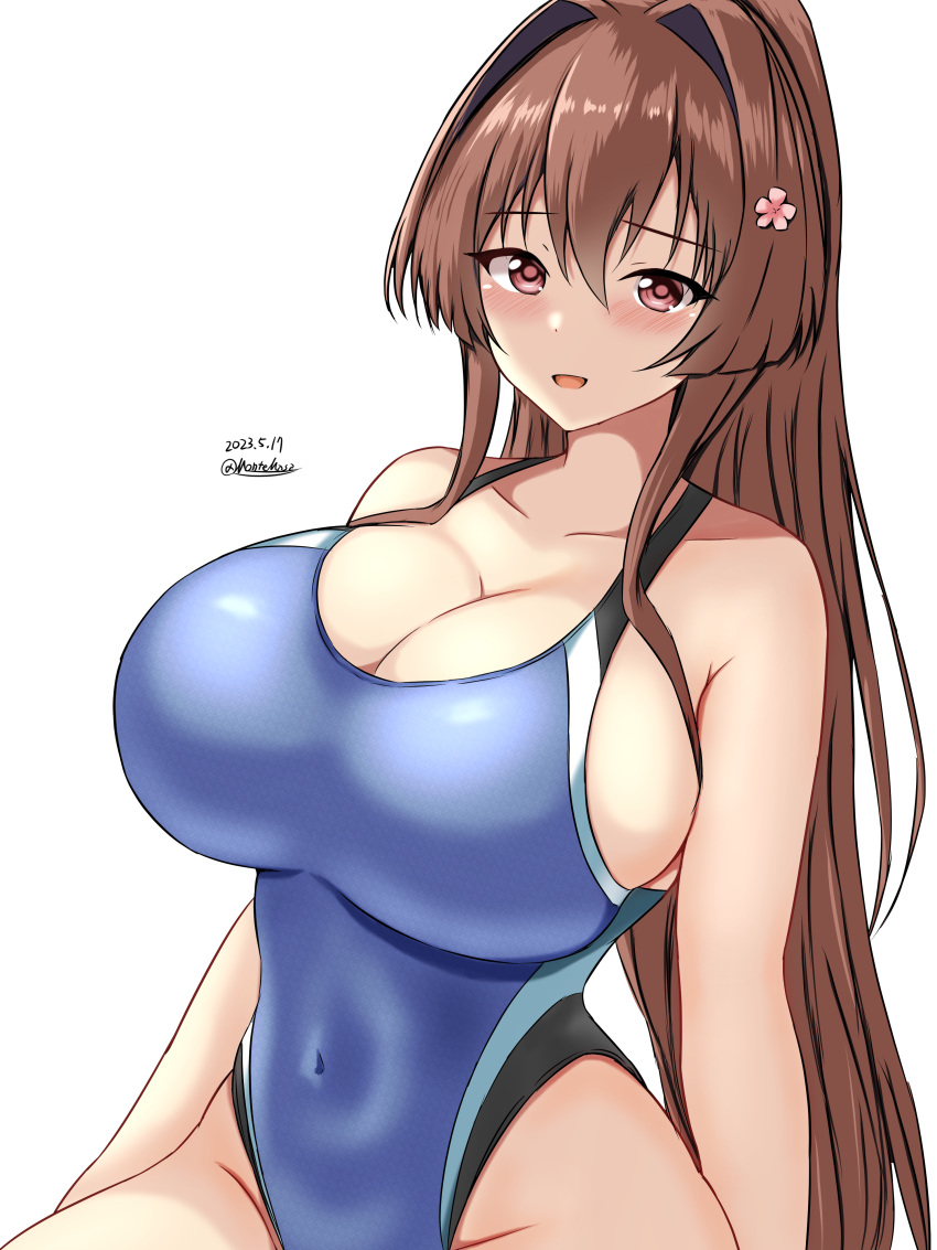 1girl absurdres black_one-piece_swimsuit blue_one-piece_swimsuit blush breasts brown_eyes brown_hair cherry_blossoms competition_swimsuit covered_navel cowboy_shot dated hair_between_eyes hair_intakes headgear highleg highleg_swimsuit highres impossible_clothes impossible_swimsuit kantai_collection large_breasts long_hair looking_at_viewer montemasa multicolored_clothes multicolored_swimsuit one-hour_drawing_challenge one-piece_swimsuit ponytail sitting solo swimsuit twitter_username two-tone_swimsuit yamato_(kancolle)