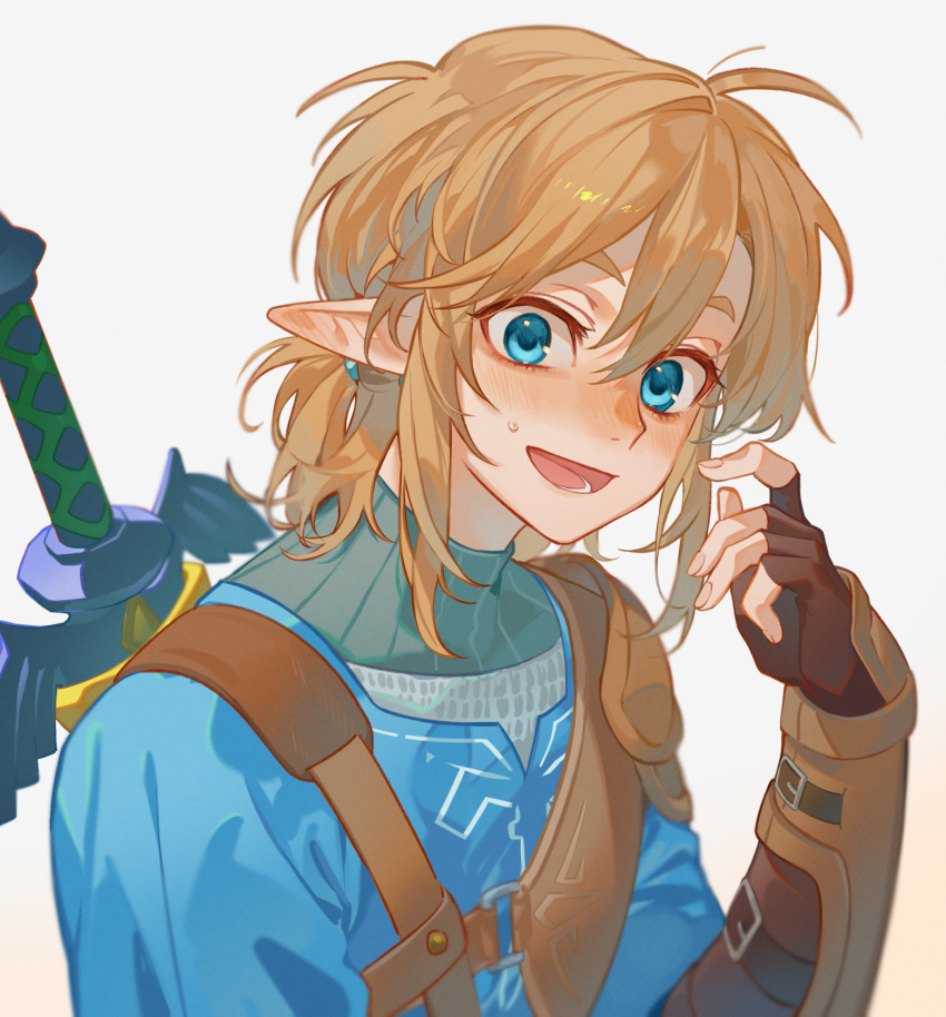 1boy :d blonde_hair blue_eyes blue_shirt blush fingerless_gloves gloves hair_tie hand_up highres itou_(very_ito) link lower_teeth_only male_focus master_sword medium_hair ponytail shirt simple_background single_shoulder_pad smile solo teeth the_legend_of_zelda the_legend_of_zelda:_breath_of_the_wild tongue white_background