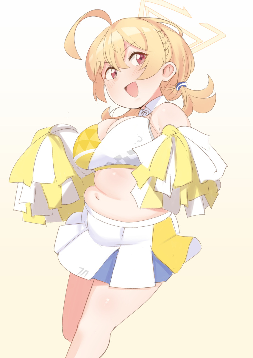 1girl ? absurdres ahoge bare_shoulders bifizu's_gold blonde_hair blue_archive blush braid breasts cheerleader commentary_request crop_top feet_out_of_frame hair_between_eyes halo highres holding holding_pom_poms kotori_(blue_archive) kotori_(cheer_squad)_(blue_archive) large_breasts long_hair looking_at_viewer midriff miniskirt navel no_nose open_mouth pleated_skirt plump pom_pom_(cheerleading) red_eyes short_twintails simple_background skirt solo triangle_halo twintails white_skirt yellow_halo yellow_skirt