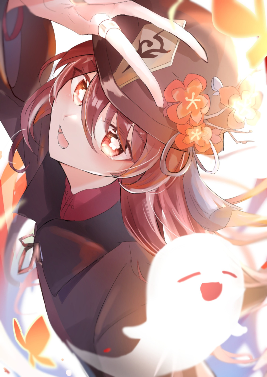 1girl black_headwear black_jacket brown_hair bug butterfly eunice_pf flat_chest flower flower-shaped_pupils genshin_impact ghost highres hu_tao_(genshin_impact) jacket long_hair looking_at_viewer open_mouth orange_butterfly red_eyes red_flower red_undershirt solo sunlight symbol-shaped_pupils v very_long_hair