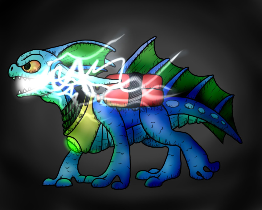 2018 aquatic_dragon armor black_eyes blue_body blue_horn blue_tail digital_media_(artwork) dragon electricity grey_background horn lightning lightning_from_mouth male marine open_mouth orange_sclera pyrethedragon scuba_gear scuba_tank shaded sharp_teeth side_view simple_background solo tail teeth yellow_armor zap_(skylanders)