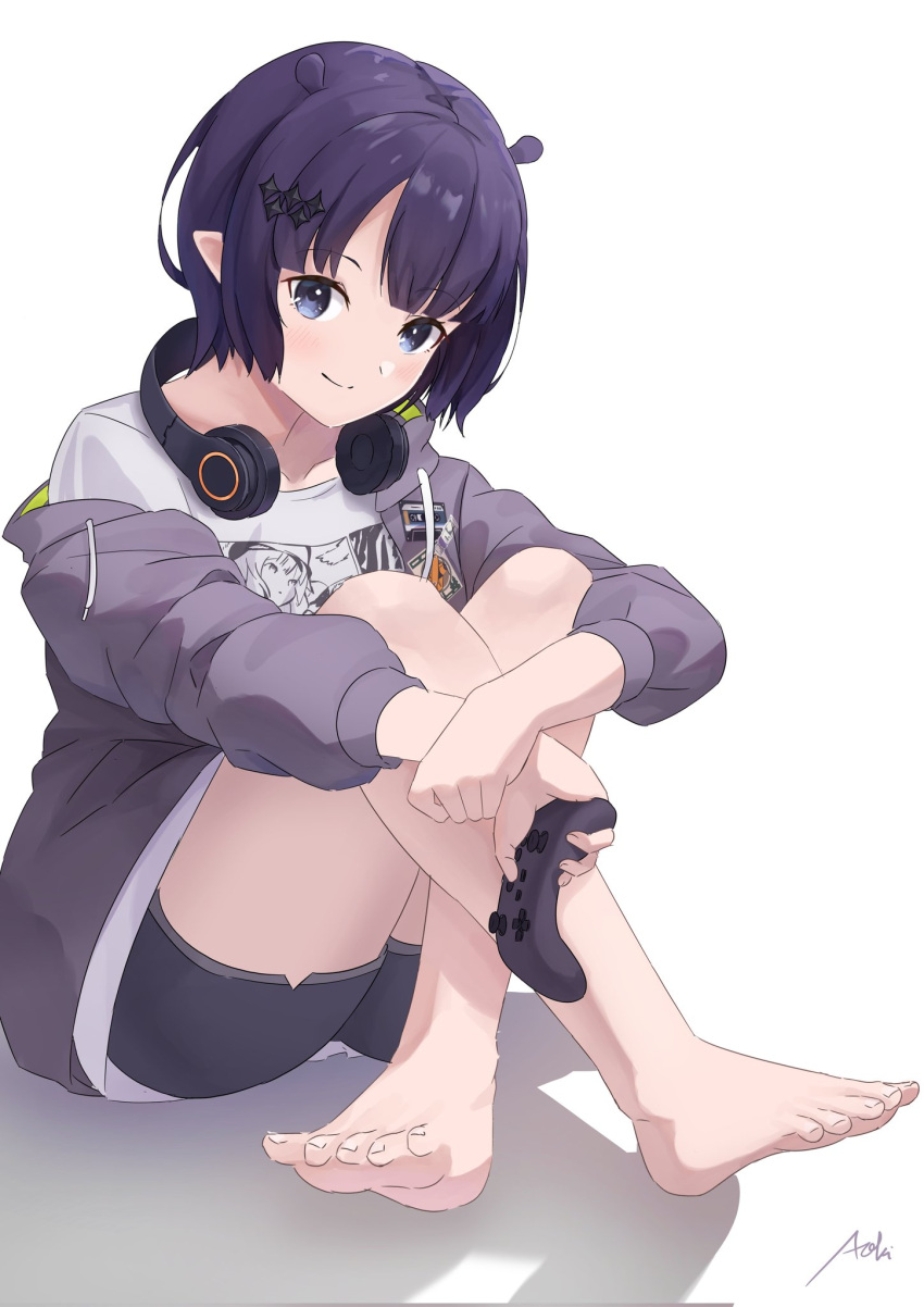1girl aokii barefoot black_shorts blue_eyes blunt_bangs blush bob_cut breasts collarbone controller crossed_legs english_commentary extra_ears feet game_controller headphones headphones_around_neck highres holding hololive hololive_english hood hood_down hooded_jacket jacket knees_up legs long_sleeves looking_at_viewer ninomae_ina'nis ninomae_ina'nis_(5th_costume) open_clothes open_jacket parted_bangs pointy_ears print_shirt purple_hair shadow shirt short_hair short_shorts shorts sidelocks signature simple_background sitting small_breasts solo toenails toes virtual_youtuber white_background white_shirt