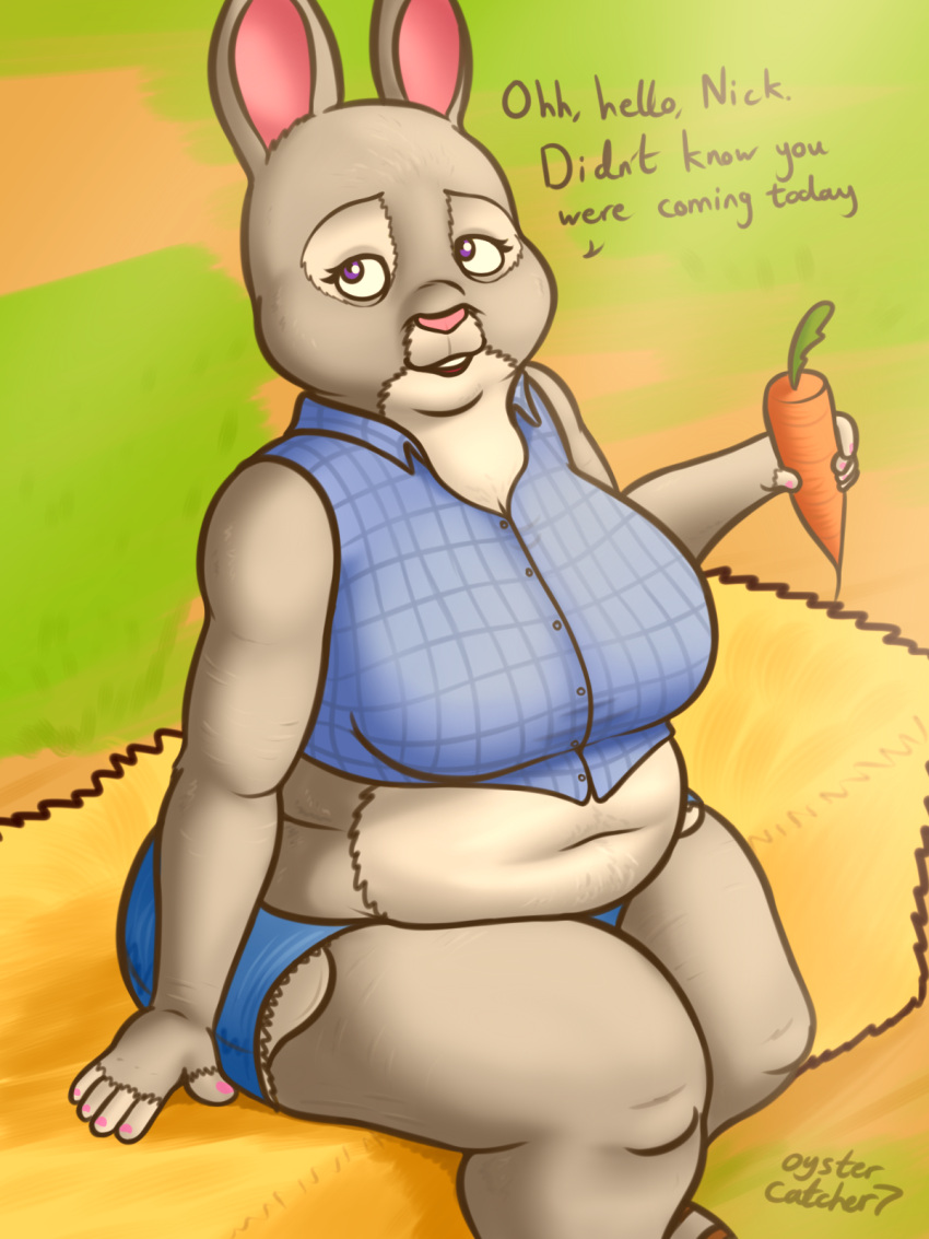 anthro belly bonnie_hopps breasts carrot disney female food hi_res lagomorph leporid mammal mature_female oystercatcher7 plaid plant rabbit sitting slightly_chubby solo vegetable zootopia