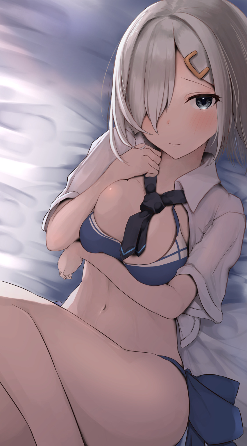 1girl absurdres bikini blue_bikini blue_eyes blue_necktie breasts collared_shirt cosplay dress_shirt feet_out_of_frame grey_hair hair_ornament hair_over_one_eye hairclip hamakaze_(kancolle) highres kantai_collection large_breasts mok4suke navel necktie shigure_(kancolle) shigure_(kancolle)_(cosplay) shigure_kai_ni_(kancolle) shigure_kai_ni_(kancolle)_(cosplay) shirt short_hair sitting smile solo split_mouth swimsuit white_shirt