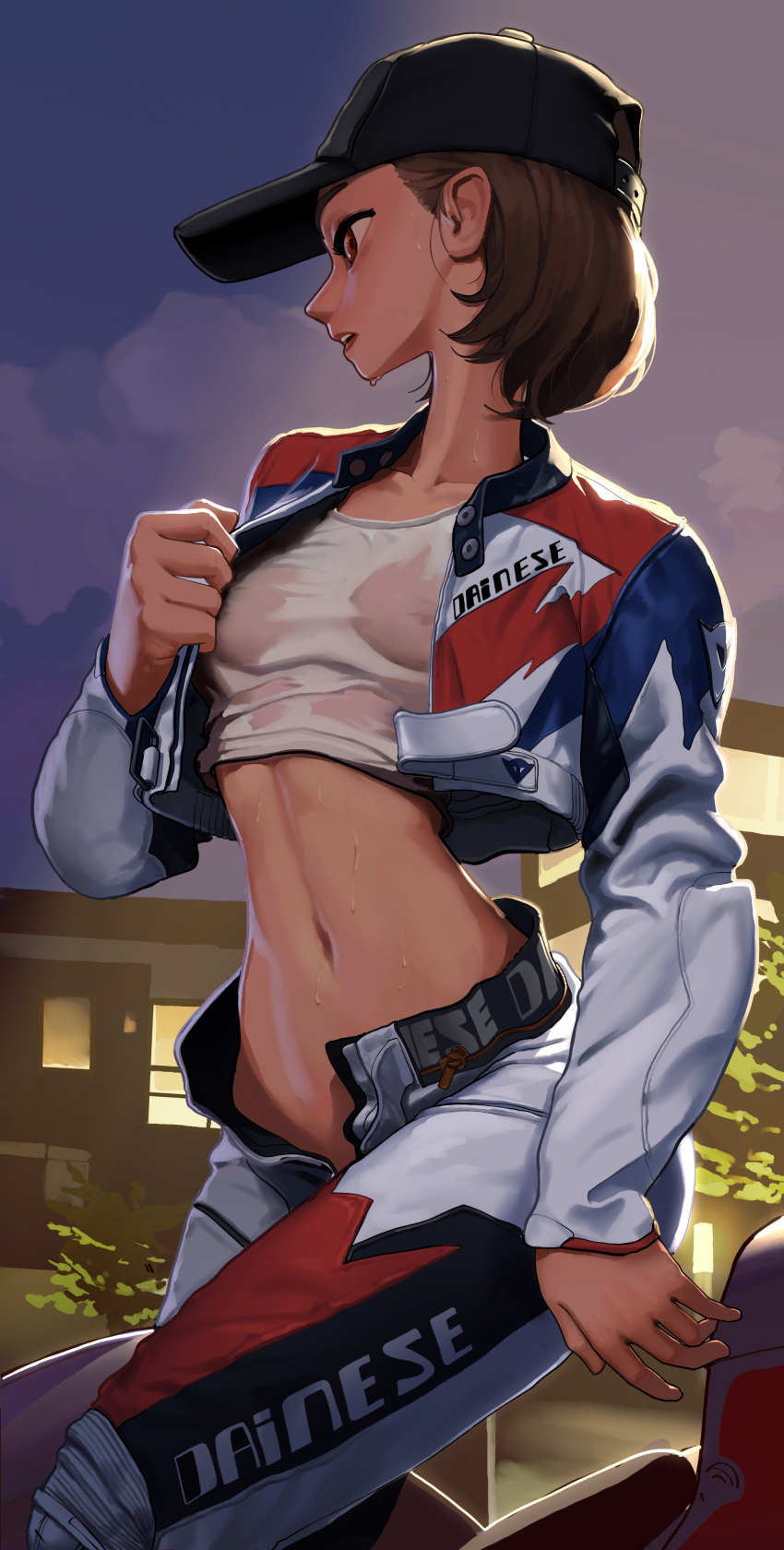 1girl absurdres baseball_cap biker_clothes brown_hair clothes_writing hat heavy_breathing highres jacket leather leather_jacket midriff navel night night_sky open_fly original pants rifleman1130 see-through shirt short_hair sky unzipped wet wet_clothes wet_shirt white_jacket white_pants