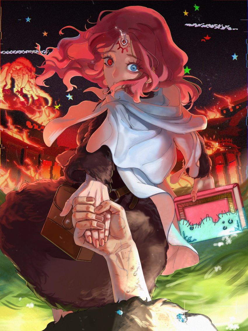 1boy 1girl animal black_clover book bruise burning eyelashes facial_mark feet_out_of_frame forehead_mark gem grimoire heterochromia highres holding holding_book injury long_hair looking_at_viewer oversized_animal pi_mi_n_u pink_hair pov pov_hands red_eyes salamander solo_focus starry_background third_eye