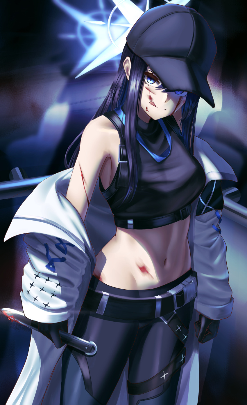 1girl absurdres armband bangs bare_shoulders baseball_cap belt black_belt black_gloves black_hair black_headwear black_pants black_shirt blood blood_on_face blood_on_knife blue_archive blue_eyes breasts chest_harness coat commentary cowboy_shot crop_top cuts gloves groin hair_between_eyes halo harness hat highres holding holding_knife holster injury knife licking_blood long_hair looking_at_viewer manjo_(warito) medium_breasts midriff navel no_mask pants saori_(blue_archive) shirt sleeveless sleeveless_shirt snap-fit_buckle solo standing thigh_holster tongue tongue_out underbust white_coat