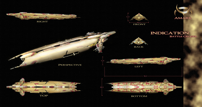 amarr_empire_(eve_online) battlecruiser_(eve_online) commentary concept_art dark_background emblem eve_online from_side glowing highres keydrake military_vehicle multiple_views original reference_sheet science_fiction spacecraft thrusters vehicle_focus