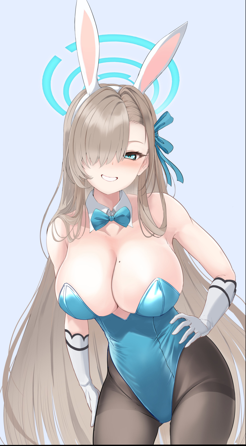 1girl absurdres animal_ears aqua_bow aqua_bowtie aqua_leotard asuna_(blue_archive) asymmetrical_bangs black_pantyhose blue_archive blue_bow blue_bowtie blue_eyes blue_leotard bow bowtie breasts commentary_request detached_collar fake_animal_ears gloves grin hair_over_one_eye halo highres large_breasts leaning_forward leotard light_brown_hair long_hair looking_at_viewer mole mole_on_breast official_alternate_costume pantyhose parted_lips playboy_bunny rabbit_ears rabbit_tail smile solo strapless strapless_leotard tail thighband_pantyhose white_gloves yappy_(yapis_company)