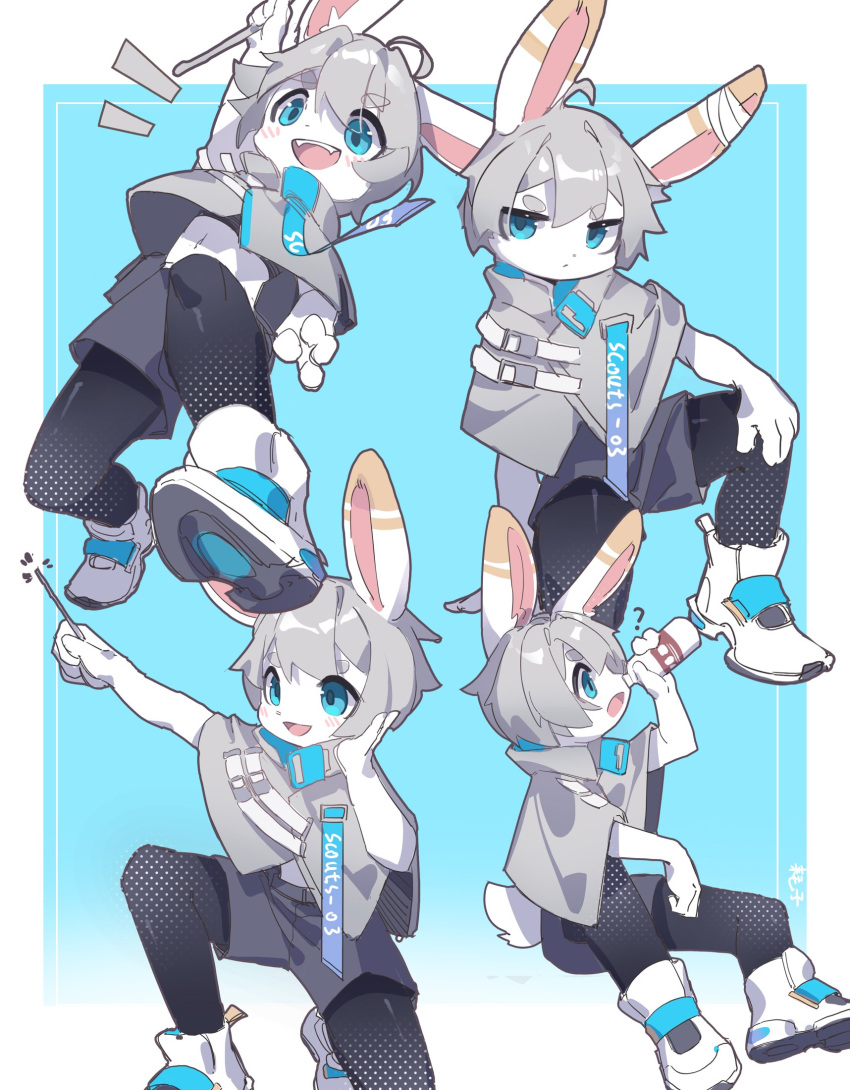 anthro black_clothing black_legwear blue_background blue_eyes border bottomwear clothed clothing emolga_1 footwear fur grey_bottomwear grey_clothing grey_hair grey_shorts grey_topwear hair hi_res holding_wand lagomorph legwear leporid male mammal mouth_closed narrowed_eyes open_mouth open_smile question_mark rabbit shoes shorts simple_background smile solo topwear white_body white_border white_clothing white_footwear white_fur white_shoes
