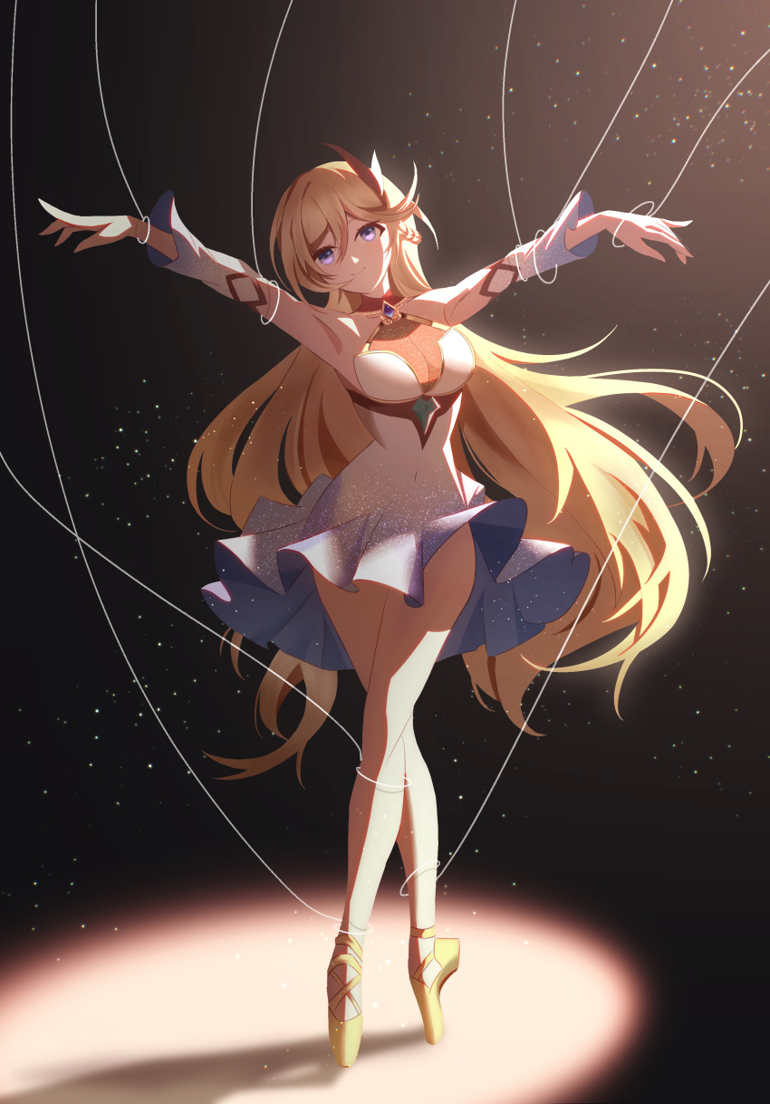 1girl absurdres alternate_costume ballet ballet_slippers bianka_durandal_ataegina blonde_hair commentary_request en_pointe euzh266 highres honkai_(series) honkai_impact_3rd long_hair long_sleeves looking_at_viewer purple_eyes smile solo spotlight string string_around_ankle string_around_arm string_around_wrist very_long_hair