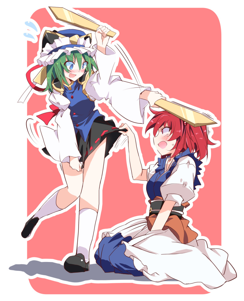 2girls black_sash black_skirt blue_dress blue_eyes blue_vest blush bow clip_studio_paint_(medium) clothes_lift dress epaulettes flying_sweatdrops frilled_hat frills green_hair hair_bobbles hair_ornament hat hat_ribbon highres ichimura_kanata lifted_by_another long_sleeves medium_hair miniskirt motion_lines multicolored_ribbon multiple_girls nose_blush onozuka_komachi open_mouth outline puffy_short_sleeves puffy_sleeves red_background red_bow red_eyes red_hair ribbon ribbon-trimmed_skirt ribbon_trim rod_of_remorse rounded_corners sash seiza shiki_eiki short_sleeves sideways_mouth sitting skirt skirt_lift skirt_tug sleeve_bow smile standing standing_on_one_leg thighs touhou two-tone_background vest white_background white_outline wide_sleeves