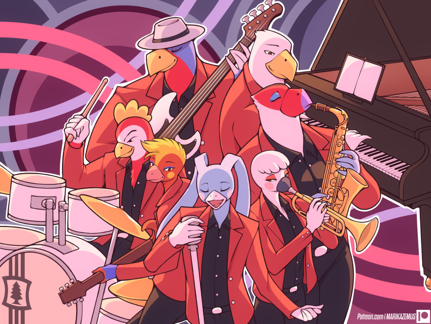 ambiguous_gender anthro avian beak biped blonde_hair blue_body clothed clothing eyes_closed female group guitar hair hat headgear headwear hi_res keyboard_instrument male marik_azemus34 musical_instrument open_mouth piano playing_guitar playing_music playing_piano plucked_string_instrument red_body simple_background string_instrument white_body