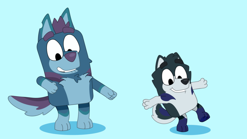 animated anthro blue_body blue_fur bluewolfanimate bluey_(series) bluey_artstyle canid canine canis colbythehusky dancing domestic_dog duo fur grey_body grey_fur hair hi_res husky looking_at_another looking_down male male/male mammal nordic_sled_dog purple_body purple_fur purple_hair simple_background spitz swinging_tail white_body white_fur wolf yukon