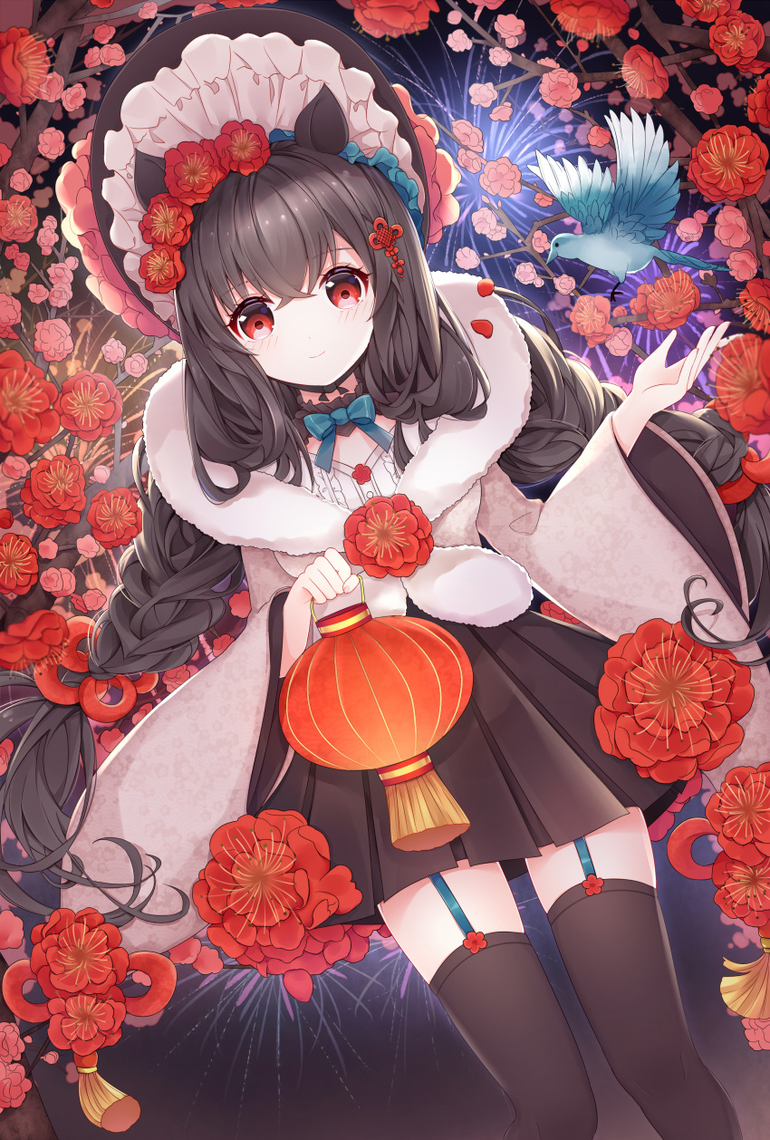 1girl absurdres animal_ears bird black_hair black_headwear black_skirt black_thighhighs blue_bow blue_bowtie blue_garter_straps blue_headwear bow bowtie braid breasts chinese_knot chinese_new_year chinese_zodiac drsn fireworks flower garter_straps hair_flower hair_ornament hat headdress highres holding holding_lantern lantern long_hair looking_at_viewer medium_breasts new_year night night_sky original plum_blossoms red_eyes skirt sky smile solo thighhighs twin_braids white_headdress year_of_the_pig zettai_ryouiki