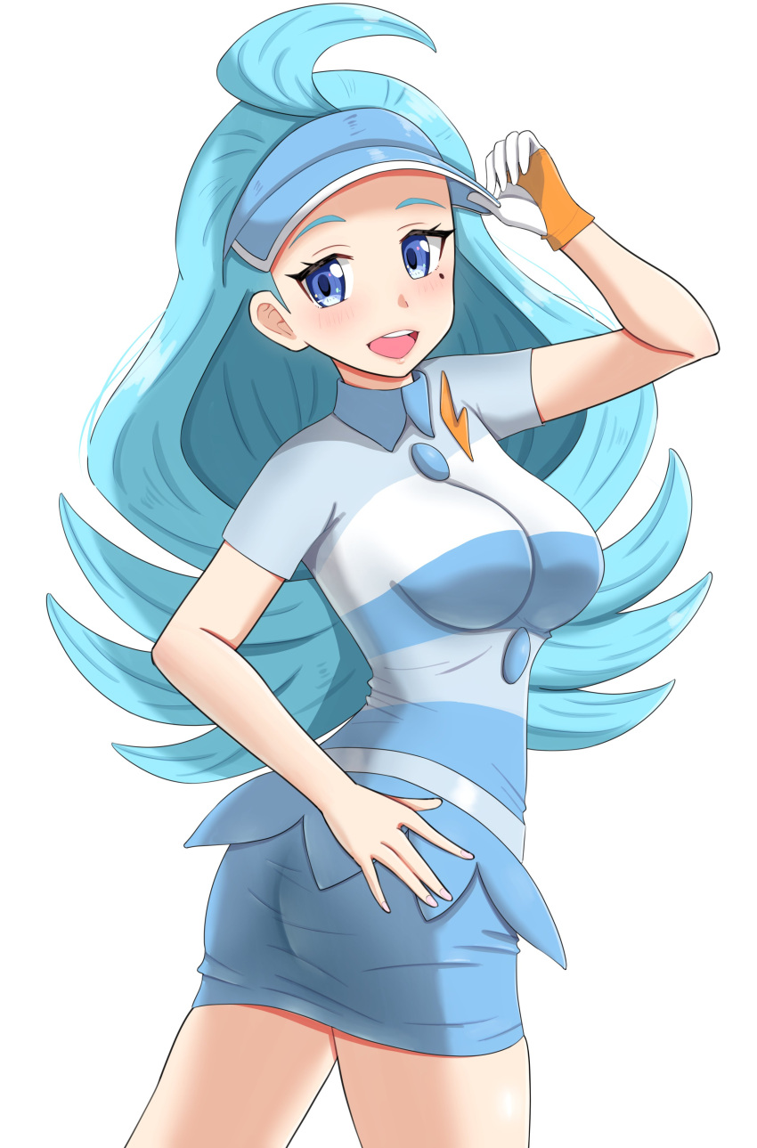 absurdres ahoge ass blue_eyes blue_hair blue_headwear blue_skirt breasts buttons flipped_hair gloves hand_on_own_hip highres kahili_(pokemon) light_blue_hair long_hair maho_(corotonton5150) medium_breasts mole mole_under_eye pokemon pokemon_sm shirt short_sleeves single_glove skirt striped striped_shirt teeth upper_teeth_only visor_cap