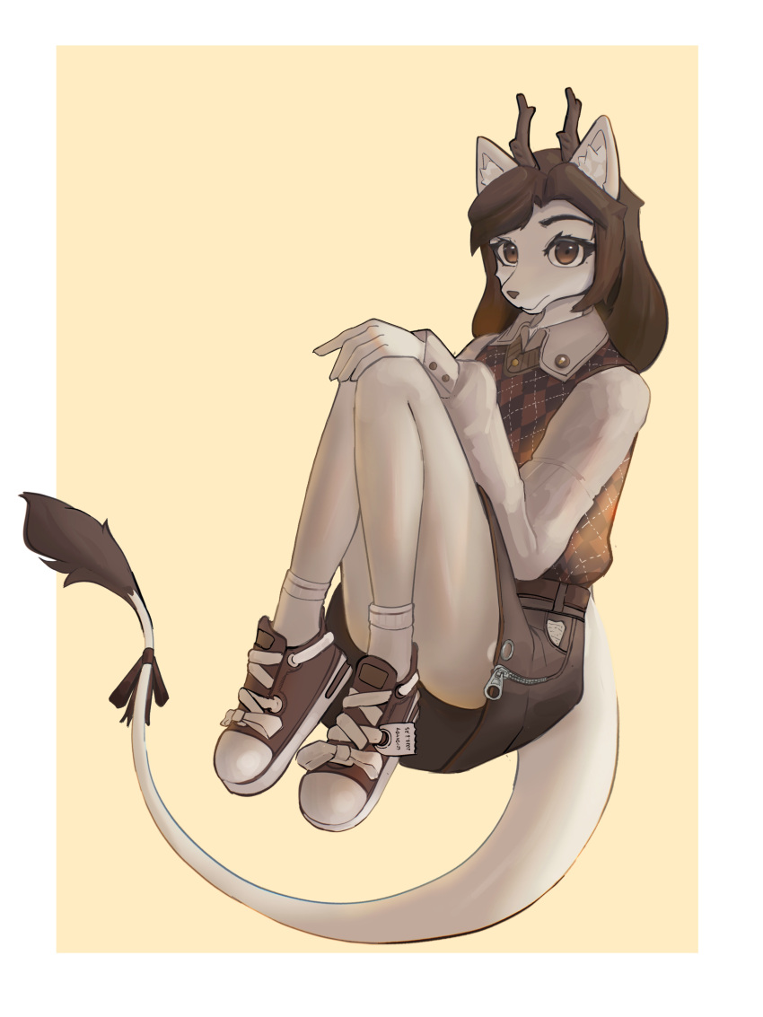 absurd_res anthro bottomwear brown_eyes brown_hair brown_nose canid canine canis clothing dragon female footwear fur gfox404 grey_body grey_fur hair hi_res horn hybrid mammal shorts solo white_body white_fur wolf