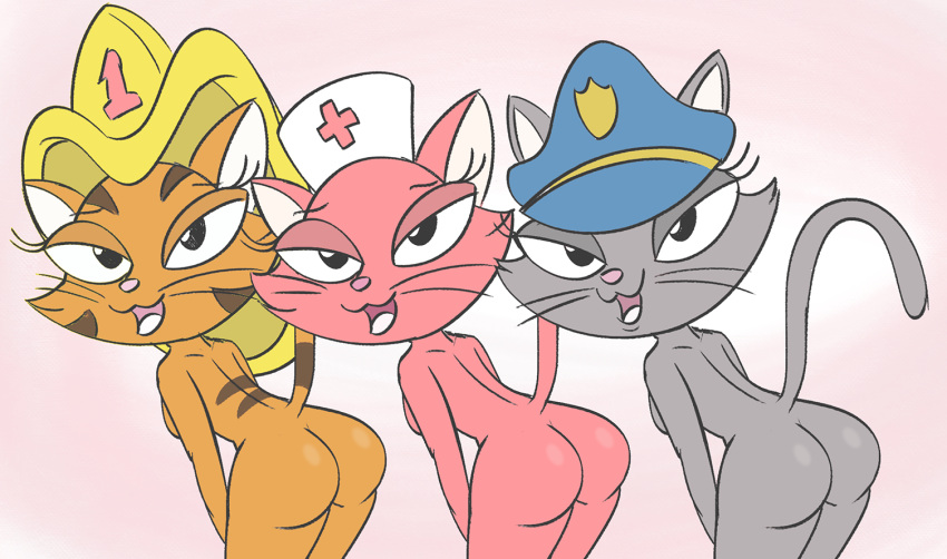 2017 anthro breasts butt clothing danger_rangers domestic_cat felid feline felis female group half-closed_eyes hat headgear headwear looking_at_viewer mammal narrowed_eyes nude open_mouth raised_tail simple_background tail tongue trio unknown_artist unknown_character whiskers