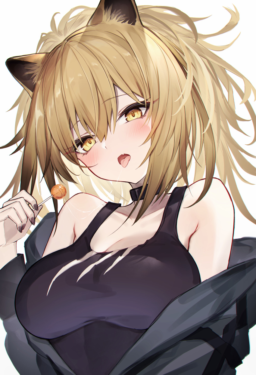 1girl absurdres animal_ears arknights bare_shoulders black_choker black_jacket black_nails black_tank_top blush breasts brown_eyes candy choker cleavage diieru fang food hair_between_eyes highres holding holding_candy holding_food holding_lollipop jacket large_breasts light_brown_hair lion_ears lion_girl lollipop long_hair messy_hair off_shoulder siege_(arknights) simple_background skin_fang solo tank_top tongue tongue_out white_background