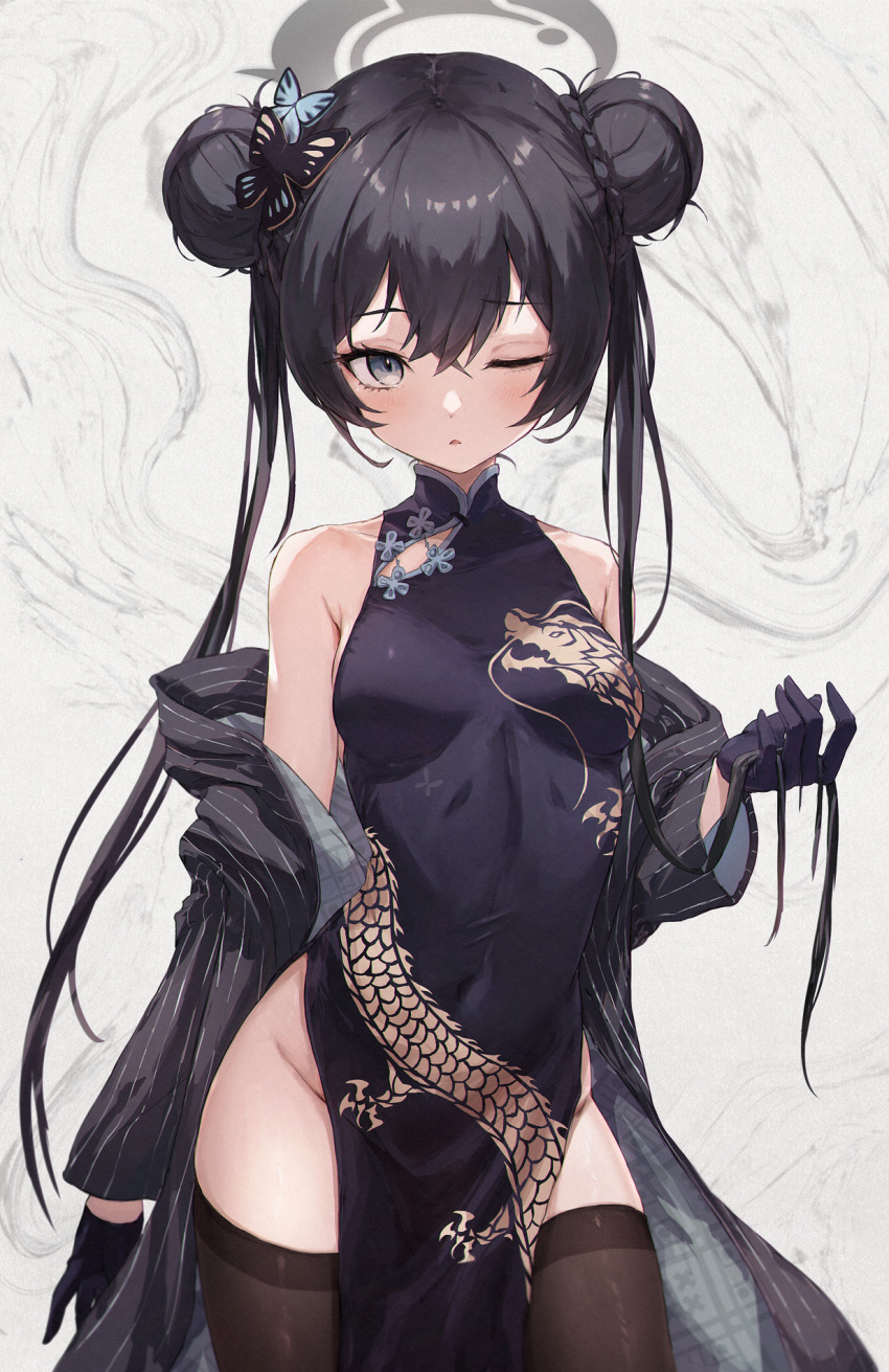 1girl ;o black_coat black_dress black_gloves black_hair black_thighhighs blue_archive blush braid braided_bun breasts butterfly_hair_ornament china_dress chinese_clothes coat commentary covered_navel double_bun dragon_print dress gloves grey_coat grey_eyes hair_bun hair_ornament halo highres holding holding_hair kisaki_(blue_archive) light_blush long_hair looking_at_viewer one_eye_closed pelvic_curtain pinstripe_pattern print_dress small_breasts solo striped thighhighs twintails vertical-striped_coat yoyopipa