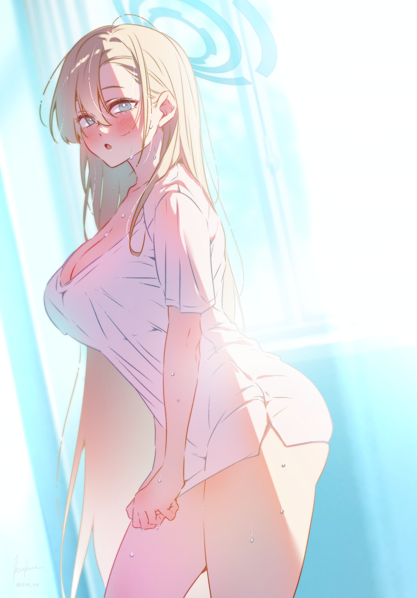 1girl :o asuna_(blue_archive) blonde_hair blue_archive blush breasts cleavage halo highres indoors itsk_ne large_breasts long_hair looking_at_viewer looking_to_the_side no_pants shirt shirt_tug solo sunlight sweat very_long_hair white_shirt