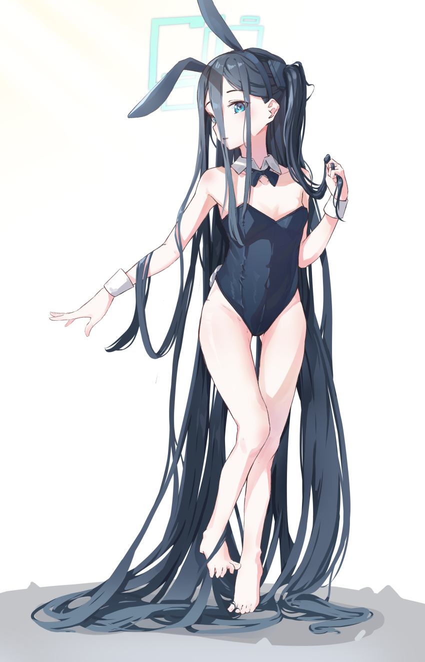 1girl absurdly_long_hair absurdres alternate_costume animal_ears aris_(blue_archive) bare_legs barefoot black_bow black_bowtie black_leotard blue_archive blue_eyes bow bowtie collarbone detached_collar fake_animal_ears fake_tail feet flat_chest full_body halo highres leotard long_hair looking_at_viewer naretsuro one_side_up parted_lips playboy_bunny profile rabbit_ears rabbit_tail standing tail thigh_gap thighs toes very_long_hair wrist_cuffs
