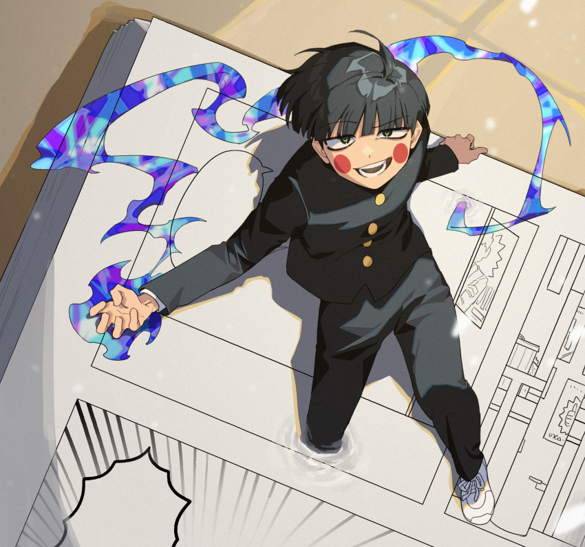 1boy 1didi11di absurdres ahoge aiming_at_viewer black_hair black_pants blunt_bangs blush_stickers book bowl_cut climbing ekubo_(mob_psycho_100) floating_hair from_above full_body gakuran green_eyes highres kageyama_shigeo knee_up long_sleeves looking_at_viewer looking_up male_focus manga_(object) mob_psycho_100 open_book open_mouth outstretched_arm pants psychic school_uniform shoes short_hair smirk sneakers solo through_painting white_footwear