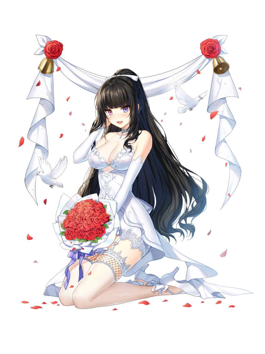 1girl :d adjusting_hair ankle_bow bai_winchester banner bare_shoulders bell bird black_hair blunt_bangs blush bouquet bow braid breasts bridal_gauntlets cleavage closers clothing_cutout dove dress falling_petals flower french_braid full_body garter_straps hair_bow hand_up heterochromia high_heels highres holding holding_bouquet kneeling lace-trimmed_dress lace-trimmed_thighhighs lace_trim long_hair looking_at_viewer medium_breasts official_art pencil_dress petals pink_eyes ponytail purple_bow purple_eyes red_flower red_rose rose see-through_cleavage short_dress sidelocks sleeveless sleeveless_dress smile solo tachi-e thighhighs underboob_cutout very_long_hair wedding_dress white_background white_bow white_bridal_gauntlets white_dove white_dress white_footwear white_thighhighs