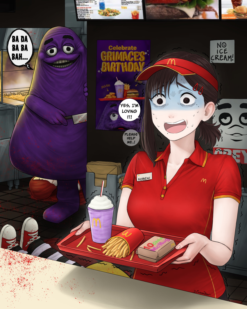 1boy 1girl absurdres blood brown_eyes brown_hair chainsaw_man chicken_nuggets cup dismaiden disposable_cup employee_uniform english_text fast_food food french_fries grimace_(mcdonald's) grimace_shake_(meme) hair_ornament hairclip hamburglar higashiyama_kobeni highres holding holding_knife holding_tray horrified horror_(theme) knife mcdonald's meme mole mole_under_eye mole_under_mouth monster obey on_floor open_mouth poster_(object) side_ponytail single_sidelock speech_bubble sweat tray uniform wide-eyed