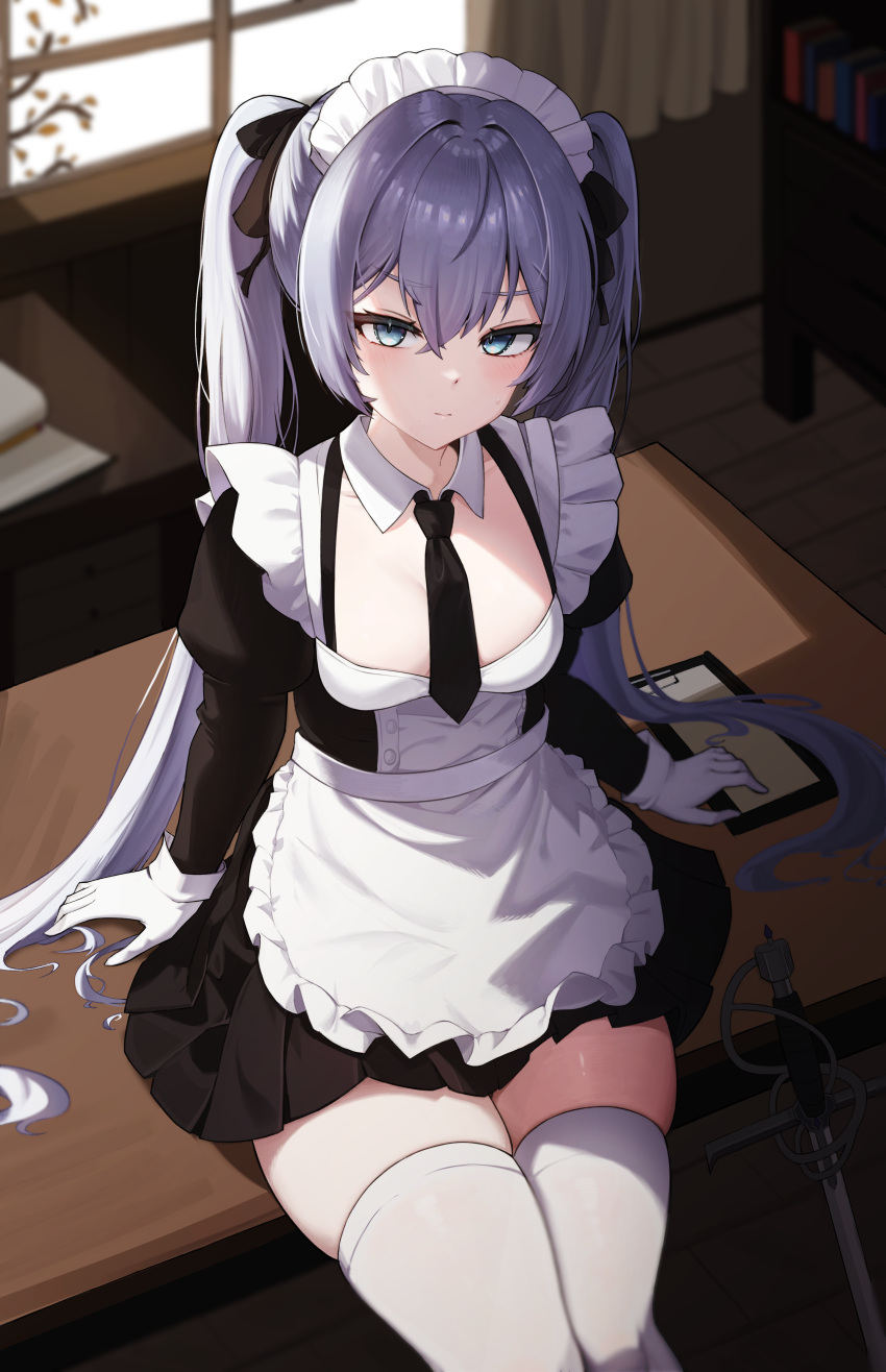 1girl absurdres alternate_costume apron black_dress black_survival blue_eyes bow breasts closed_mouth dasi_(kwts3227) desk detached_collar dress elena_jarvinen enmaided eternal_return:_black_survival frilled_apron frills frown gloves grey_hair hair_bow highres indoors juliet_sleeves long_hair long_sleeves looking_at_viewer maid maid_apron maid_headdress necktie on_desk pleated_dress puffy_sleeves rapier short_dress short_necktie sitting sitting_on_desk skindentation small_breasts solo sword thighhighs thighs twintails v-shaped_eyebrows very_long_hair waist_apron weapon white_gloves white_thighhighs wing_collar zettai_ryouiki