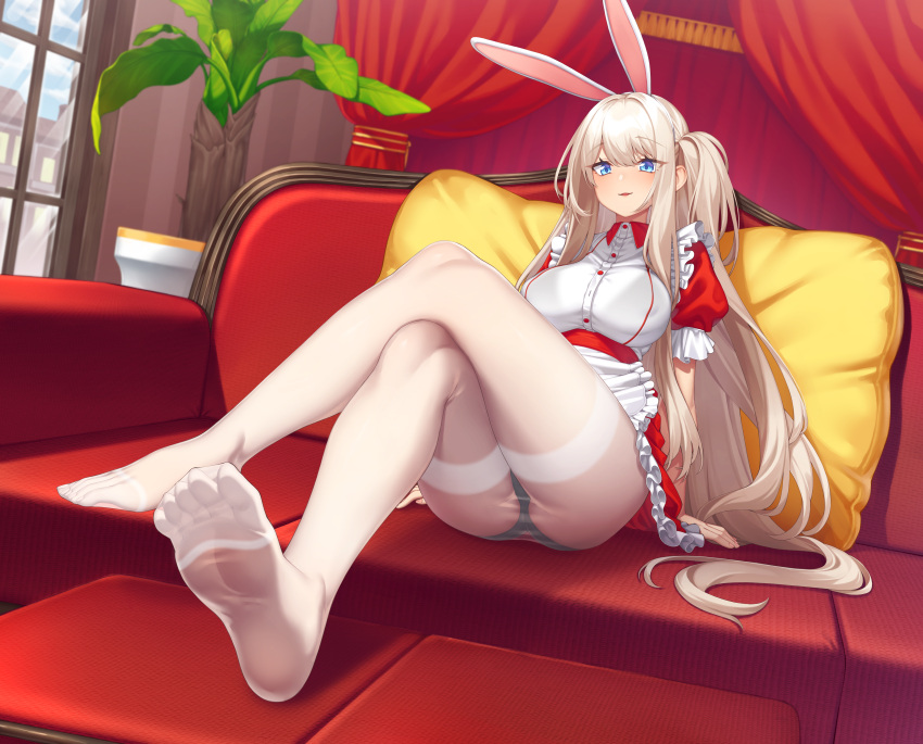 1girl absurdres albino_girl_(chukibabo2) animal_ears ass black_bra black_panties blue_eyes bra bra_visible_through_clothes breasts buttons collared_dress commission couch curtains dress elomil extra_ears feet frilled_dress frills highres indoors large_breasts legs legs_up long_hair looking_at_viewer no_shoes on_couch one_side_up open_mouth original panties panties_under_pantyhose pantyhose rabbit_ears red_dress see-through short_dress short_sleeves sitting smile soles solo thighband_pantyhose thighs toes underwear very_long_hair white_hair white_pantyhose