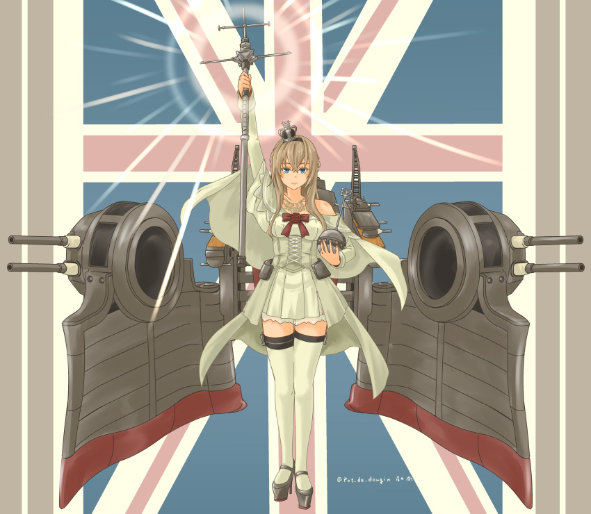 1girl absurdres adapted_turret blonde_hair blue_eyes braid cannon commentary_request corset crown dress flower french_braid full_body garter_straps globus_cruciger hair_between_eyes hairband high_heels highres jewelry kantai_collection long_hair long_sleeves machinery mini_crown necklace off-shoulder_dress off_shoulder pot-de red_flower red_ribbon red_rose ribbon rose scepter smile solo thighhighs throne union_jack warspite_(kancolle) white_dress white_thighhighs
