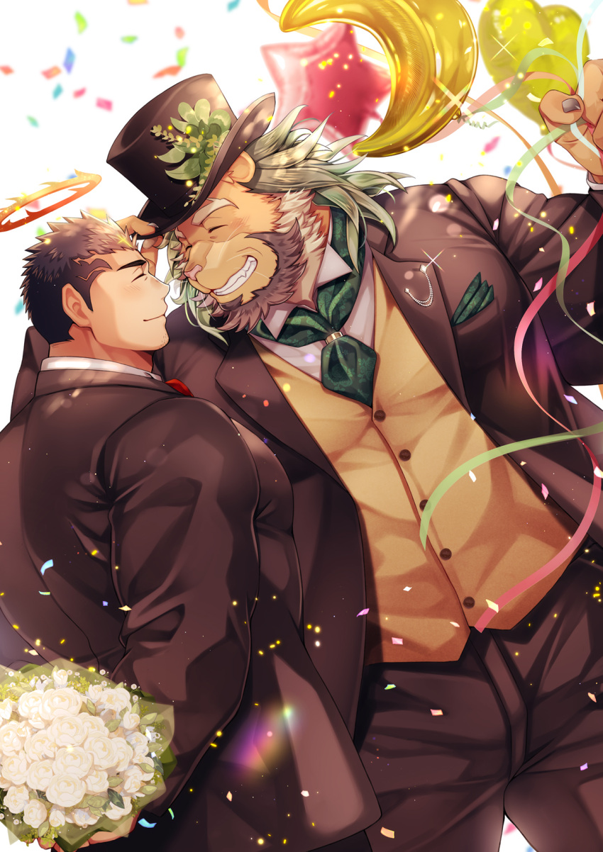 2boys arsalan_(housamo) balloon bara beard black_jacket black_pants blush bouquet brown_vest closed_eyes closed_mouth confetti couple facial_hair flaming_halo furry furry_male halo hat highres holding holding_balloon holding_bouquet jacket large_pectorals lion_boy male_focus multiple_boys muscular muscular_male necktie open_clothes open_jacket pants pectorals shirt smile teeth tokyo_afterschool_summoners top_hat vest wafu_(youzora_samo18) white_shirt yaoi zabaniyya_(housamo)