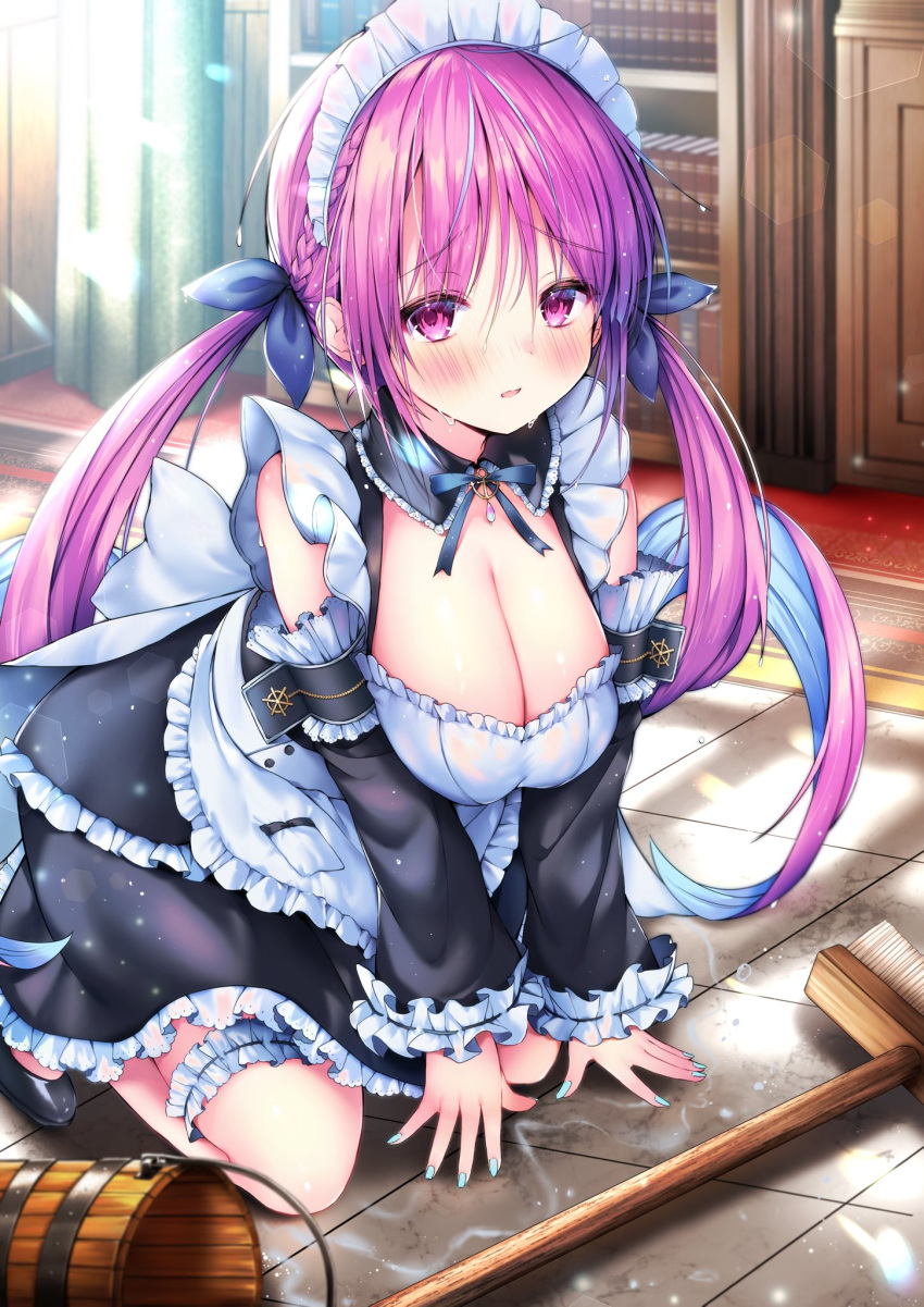 1girl apron black_dress blue_hair breasts broom bucket cleavage detached_sleeves dress frown highres hololive indoors kneeling large_breasts long_hair long_sleeves looking_at_viewer maid maid_apron maid_headdress masi_masio minato_aqua multicolored_hair open_mouth purple_eyes purple_hair solo twintails virtual_youtuber wet wooden_bucket