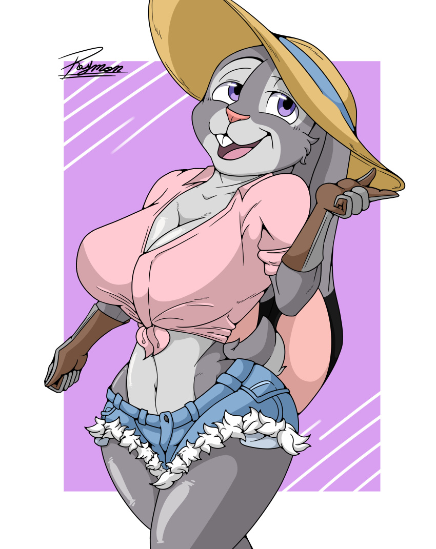 absurd_res anthro big_breasts bottomwear breasts clothing crop_top disney female gloves handwear hat headgear headwear hi_res hotpants judy_hopps lagomorph leporid mammal navel plaid purple_eyes rabbit reymonrr shirt shorts smile solo teeth topwear uniform work_gloves zootopia zootopia+