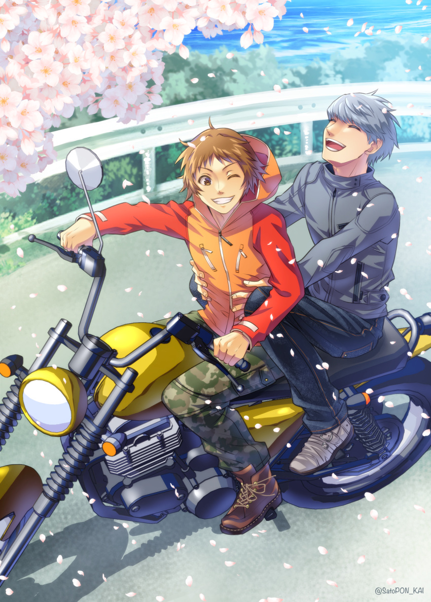 2boys :d ^_^ black_jacket boots brown_footwear brown_hair cherry_blossoms closed_eyes commentary_request day driving falling_petals friends from_above grey_hair grin hanamura_yousuke highres hug hug_from_behind jacket motor_vehicle motorcycle multiple_boys narukami_yuu one_eye_closed open_mouth outdoors pants persona persona_4 petals red_jacket sato-pon short_hair sitting smile spiked_hair teeth twitter_username v-shaped_eyebrows white_footwear