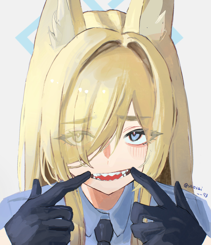 1girl animal_ear_fluff animal_ears black_gloves black_necktie blonde_hair blue_archive blue_eyes blue_halo blue_shirt blush close-up collared_shirt commentary fox_ears gloves hair_over_one_eye halo highres index_finger_raised kanna_(blue_archive) long_hair looking_at_viewer mouth_pull necktie one_eye_covered open_mouth sharp_teeth shiosai_73 shirt simple_background solo symbol-only_commentary teeth tongue twitter_username white_background