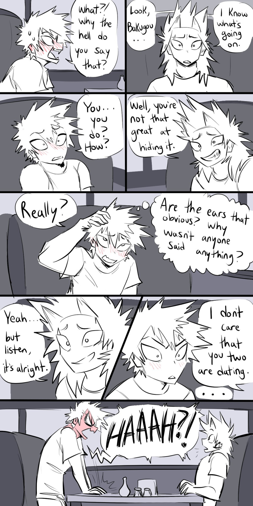 absurd_res blush blush_lines dialogue duo eijiro_kirishima english_text fangs hi_res human human_only katsuki_bakugou male mammal my_hero_academia not_furry pretty_werewolf speech_bubble teeth text thought_bubble yelling