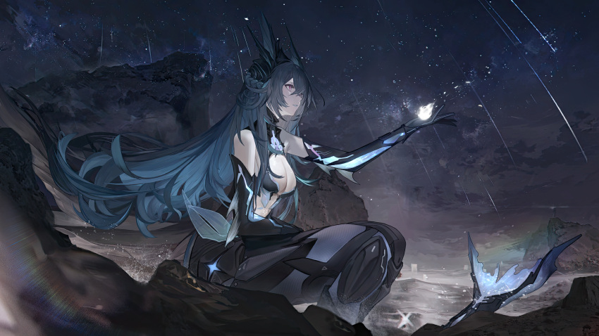 1girl absurdres adhesive_bra arm_fins bare_shoulders black_gloves blue_hair breasts cleavage commentary elbow_gloves fins gloves head_fins highres lamia_(punishing:_gray_raven) large_breasts long_hair looking_to_the_side mermaid monster_girl night night_sky outdoors parted_lips punishing:_gray_raven purple_eyes shooting_star sitting sky solo star_(sky) starry_sky yanderenasa
