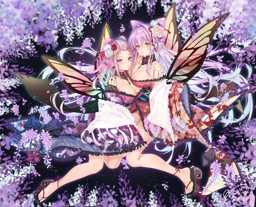 2girls blue_eyes breasts cleavage fairy_wings floral_background floral_print flower frederica_(z/x) geta green_eyes hair_flower hair_intakes hair_ornament highres japanese_clothes kimono large_breasts long_hair multiple_girls obiwan purple_hair signature smile tenryuu_yutaka very_long_hair weisuoxin wings yukata z/x