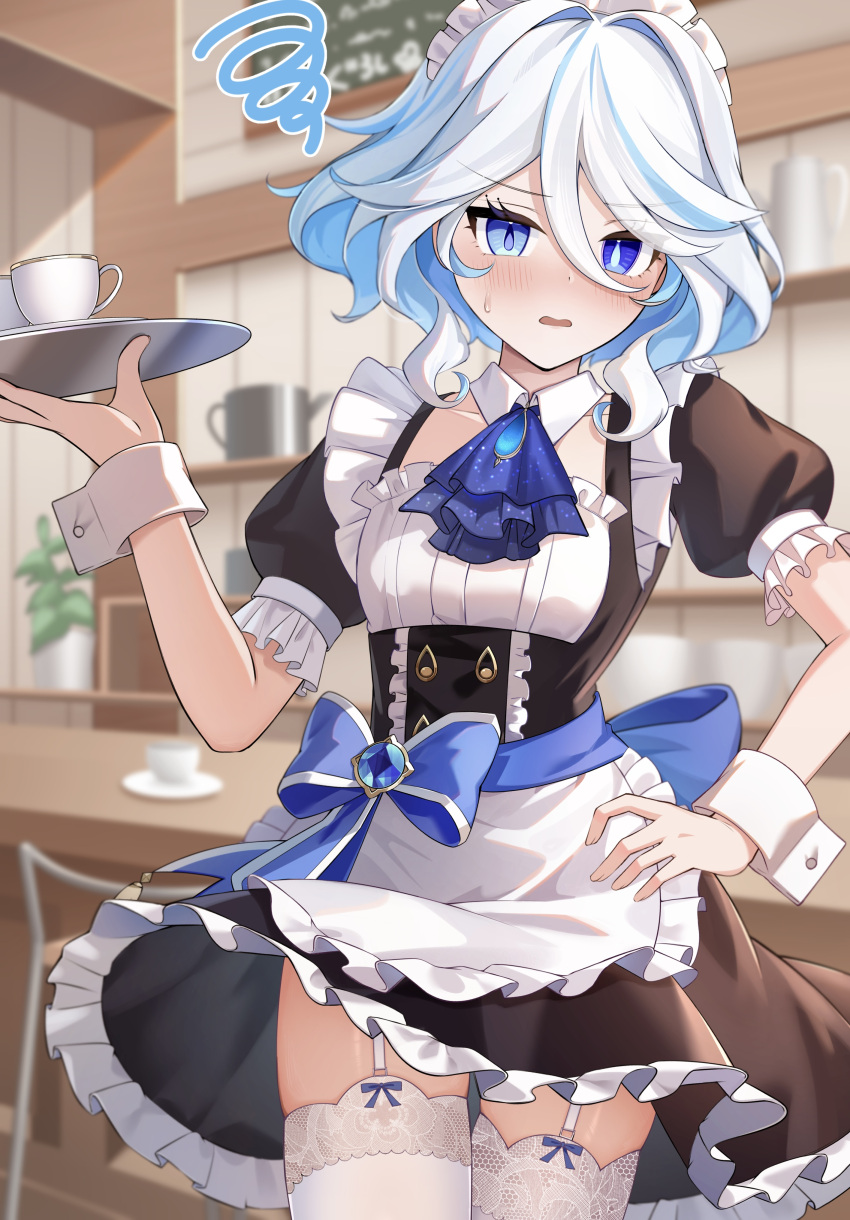 1girl absurdres alternate_costume apron ascot black_dress blue_ascot blue_eyes blue_hair blue_pupils blurry blurry_background blush breasts colored_inner_hair cowboy_shot cup detached_collar dress enmaided frilled_apron frills furina_(genshin_impact) garter_straps genshin_impact hair_between_eyes hand_on_own_hip heterochromia highres holding holding_tray looking_at_viewer maid maid_headdress mismatched_pupils multicolored_hair parted_lips puffy_short_sleeves puffy_sleeves purple_eyes purple_pupils short_hair short_sleeves small_breasts solo streaked_hair sumomooekaki teacup thighhighs tray two-tone_hair white_apron white_hair white_thighhighs wrist_cuffs